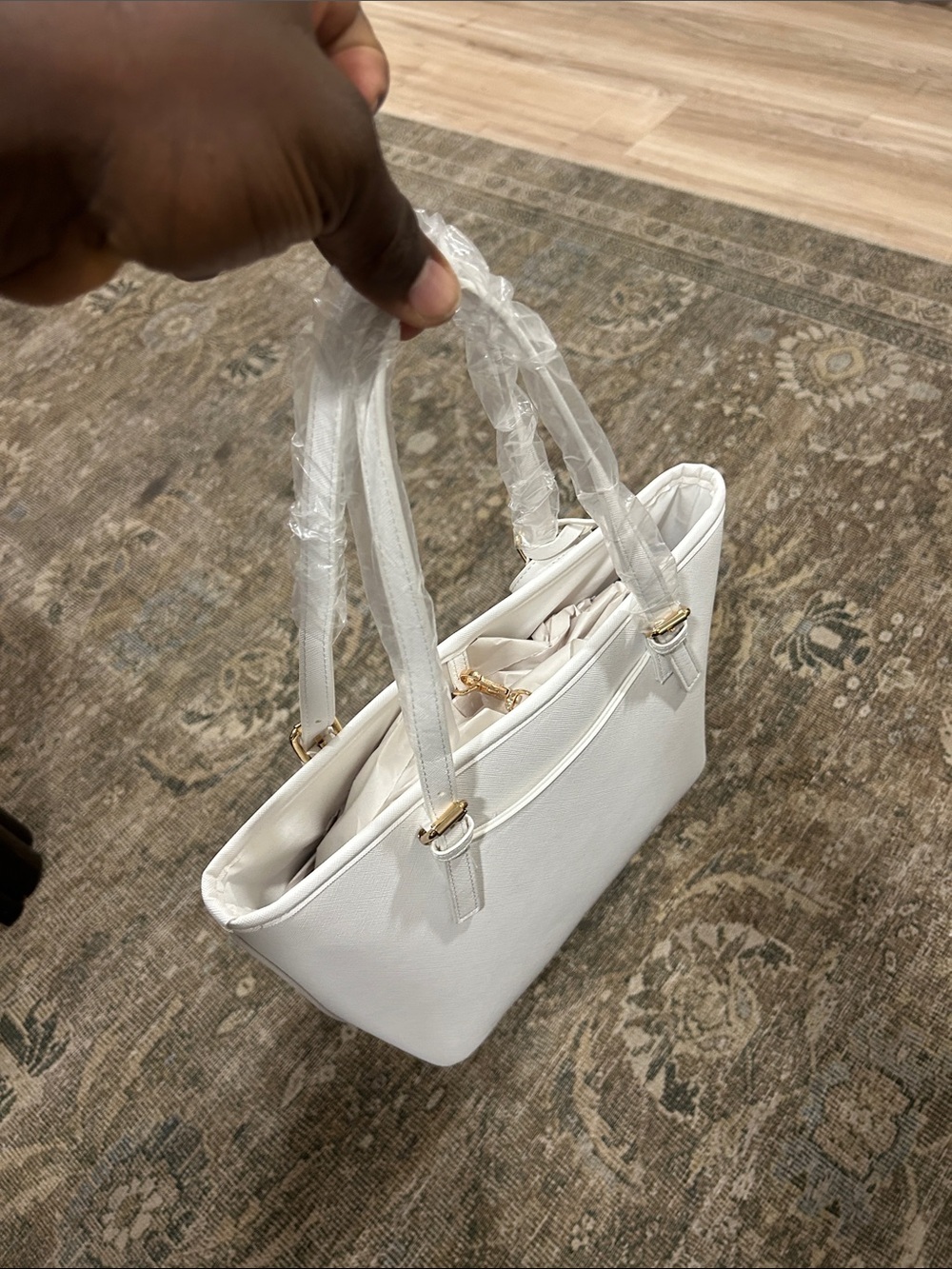 Elegant White Structured Satchel with Gold Accents